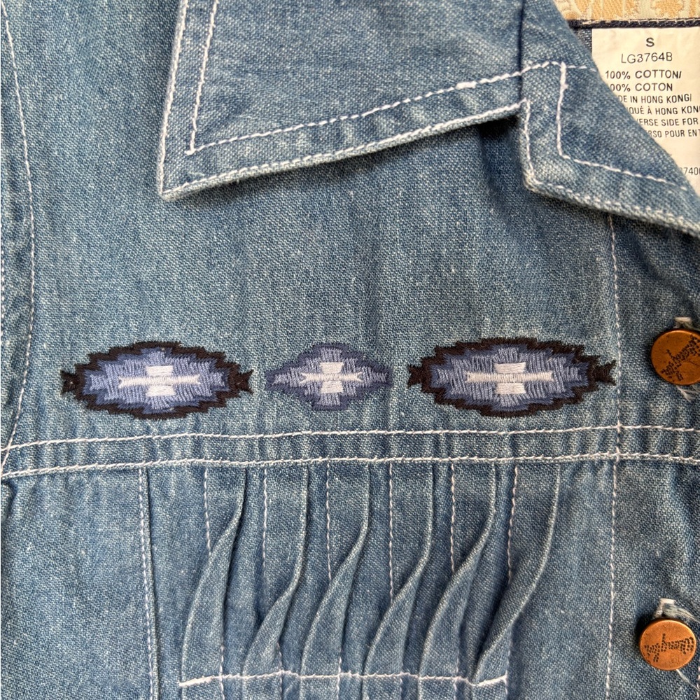 Vintage Wrangler Cropped Blue Denim Vest Aztec Print Women's Sz S Western Rare - Picture 5 of 7